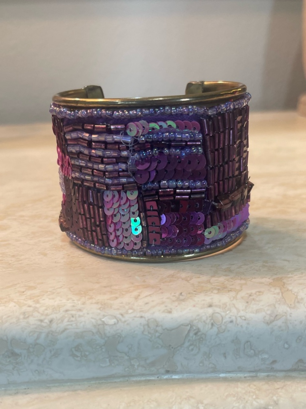 Purple Sequin Beaded Cuff Bracelet